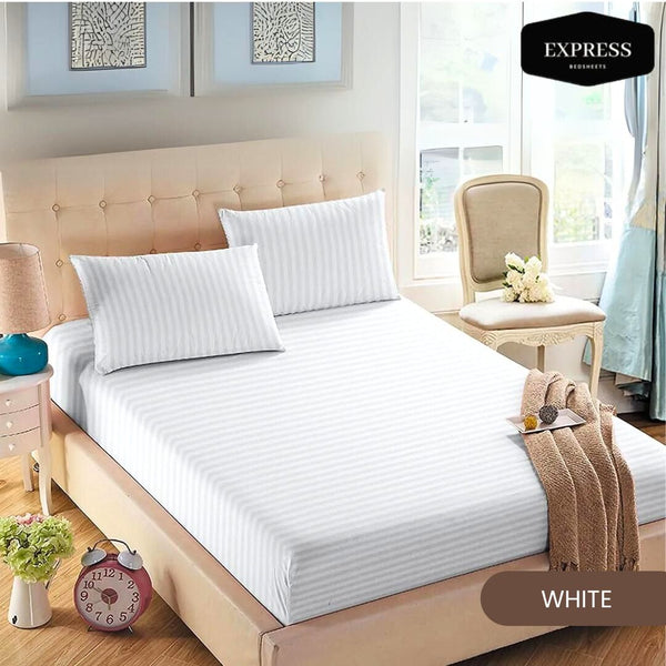 Twill Stripe Cotton Fitted Bed Sheet Queen Size – White