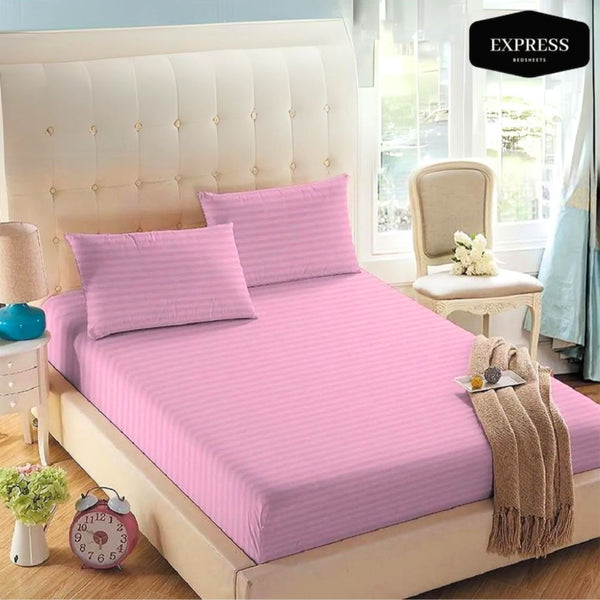 Twill Stripe Cotton Fitted Bed Sheet Queen Size – Pale Pink