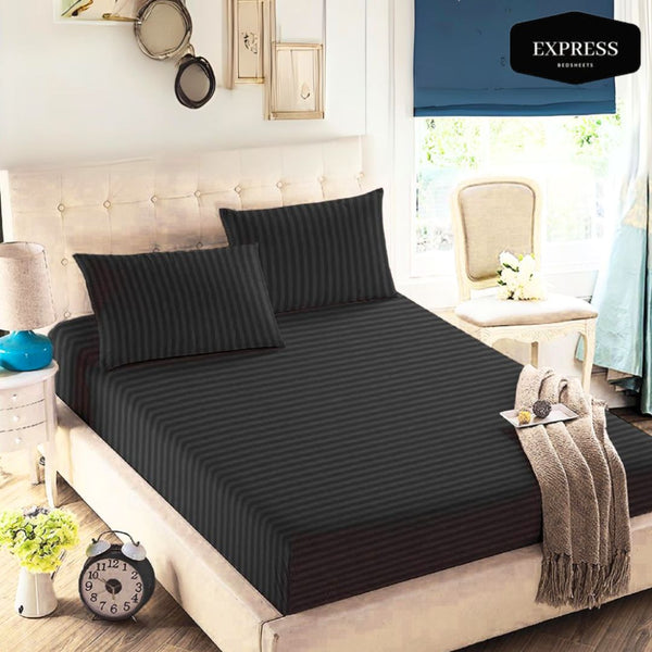 Twill Stripe Cotton Fitted Bed Sheet Queen Size – Black