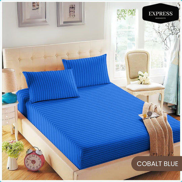 Twill Stripe Cotton Fitted Bed Sheet – Cobalt Blue