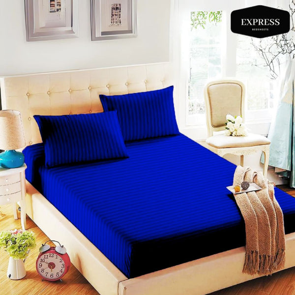 Twill Stripe Cotton Fitted Bed Sheet Queen Size – Cobalt Blue