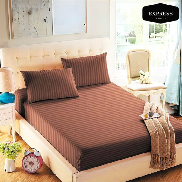 Twill Stripe Cotton Fitted Bed Sheet Queen Size – Coffee Brown