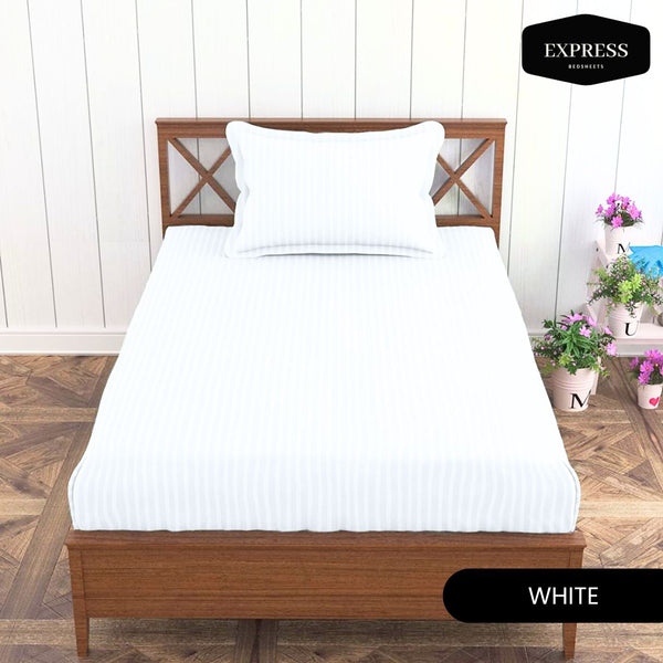 Twill Stripe Cotton Fitted Bed Sheet – White