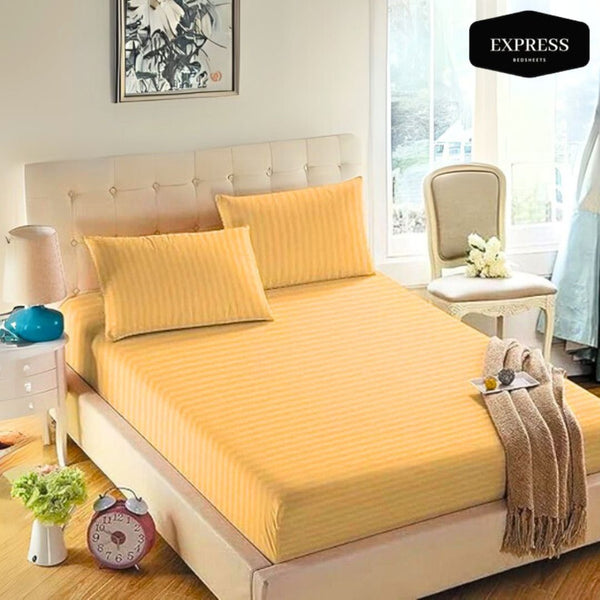 Twill Stripe Cotton Fitted Bed Sheet Queen Size – Pale Yellow